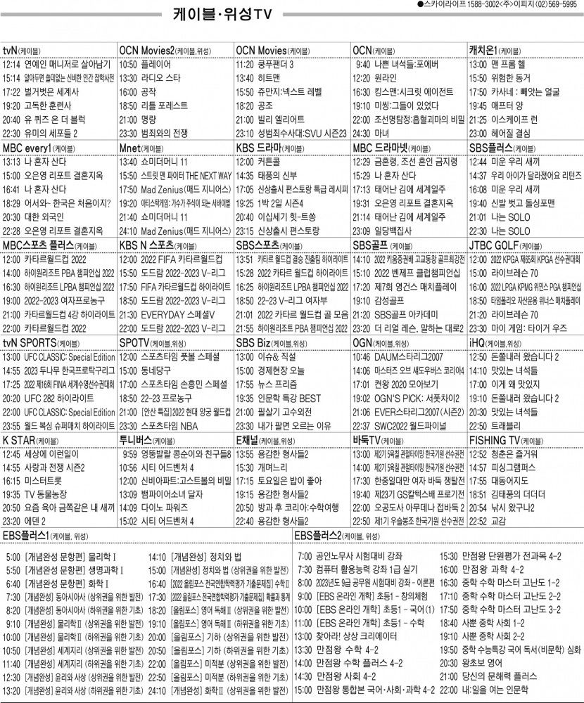 12월14일(수) 케이블·위성TV 편성표