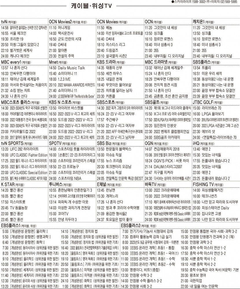 12월27일(화) 케이블·위성TV 편성표