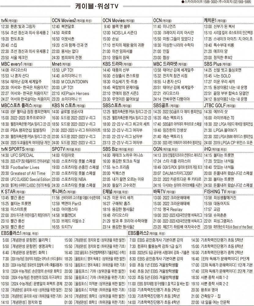 1월12일(목) 케이블·위성TV 편성표