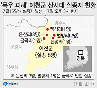 예천, 진흙더미·하천서 살아만 있어라 실종자 8명 수색 총력