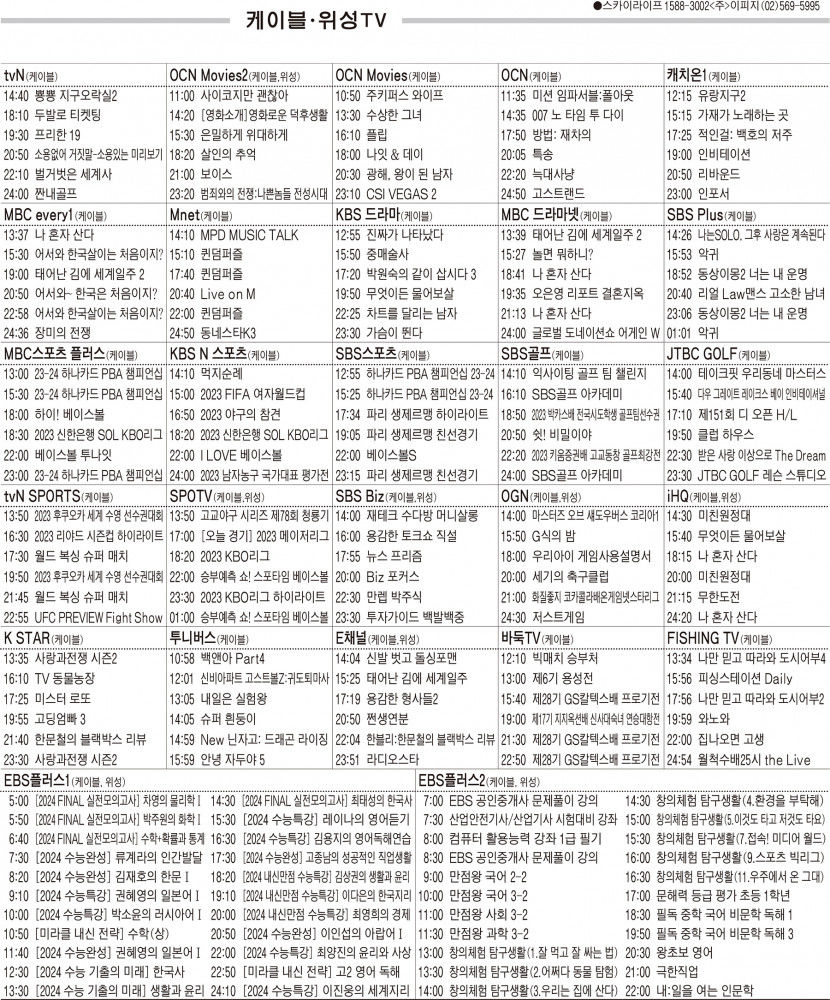7월25일(화) 케이블·위성TV 편성표