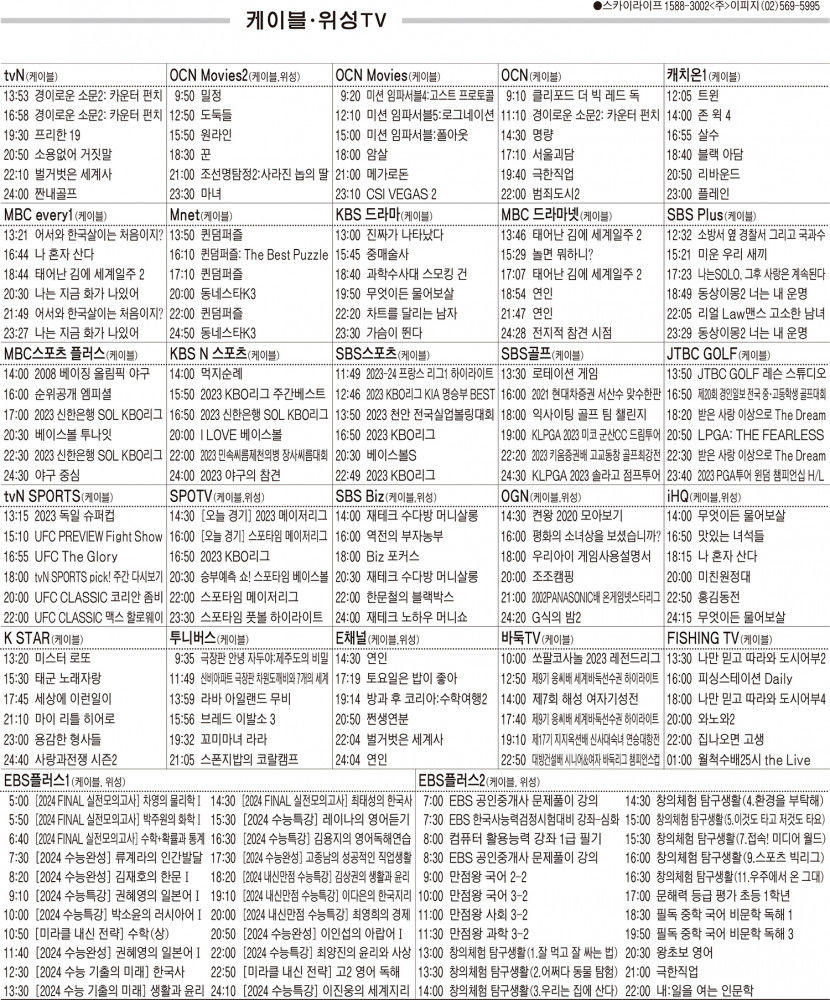 8월15일(화) 케이블·위성TV 편성표
