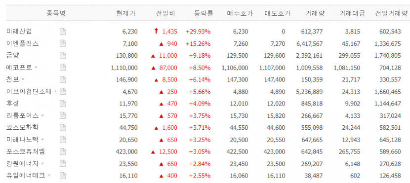 미래산업 상한가, 이엔플러스·금양·에코프로 등 리튬관련주 강세