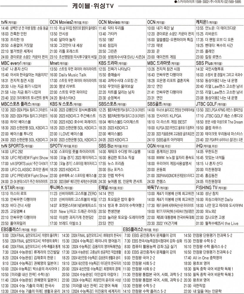 8월22일(화) 케이블·위성TV 편성표