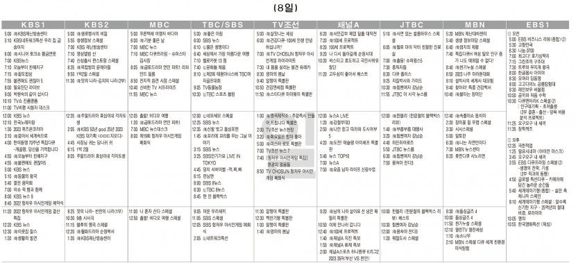 10월8일(일) TV 편성표
