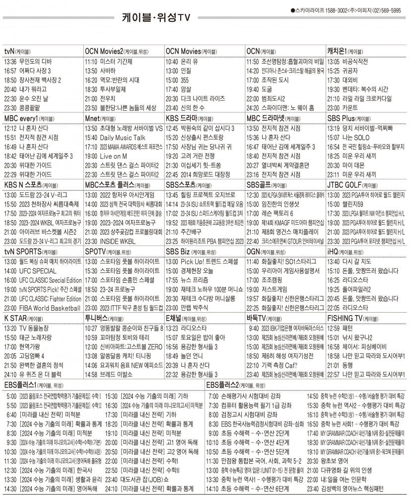 12월4일(월) 케이블·위성TV 편성표