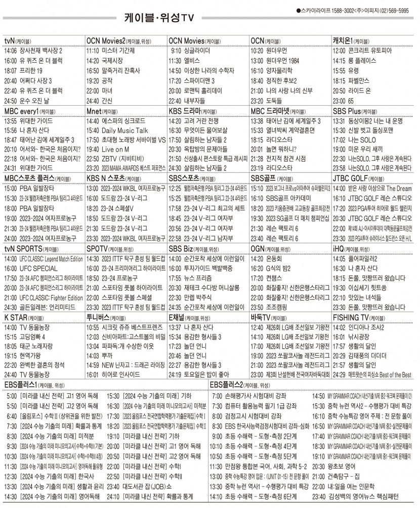 12월7일(목) 케이블·위성TV 편성표