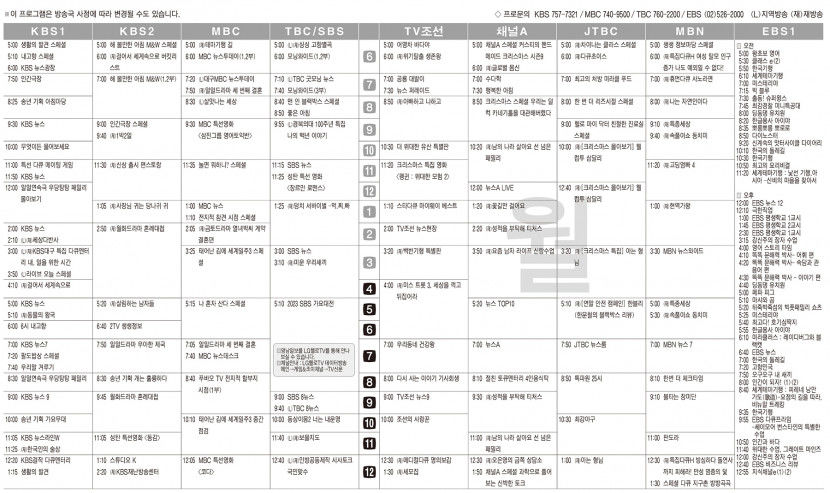 12월25일(월) TV 편성표