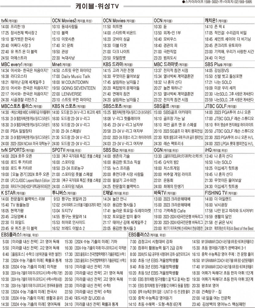 1월11일(목) 케이블·위성TV 편성표