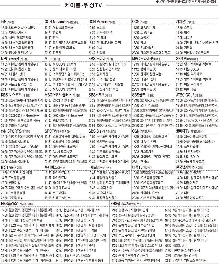 1월22일(월) 케이블·위성TV 편성표