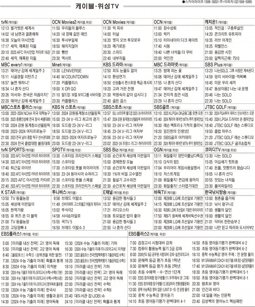 1월31일(수) 케이블·위성TV 편성표