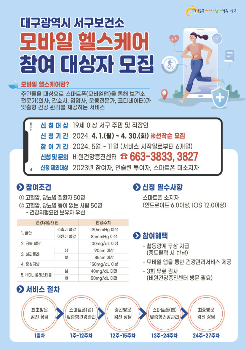 대구 서구보건소, 모바일 헬스 케어 사업 참여자 모집