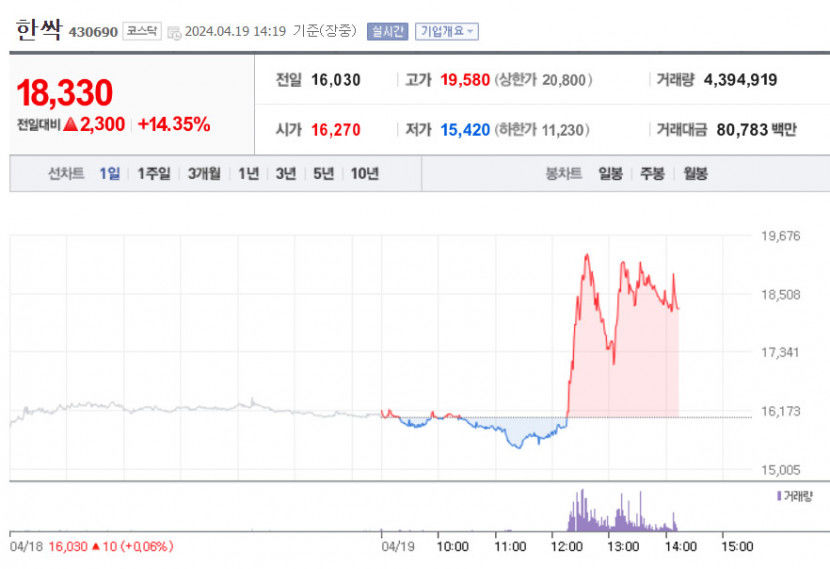 한싹, 오후들어 갑자기 급등