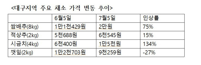 여름 불볕더위와 장마 탓에 채소 가격 급등…외식업주 고민 깊어져
