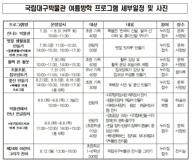 국립대구박물관 여름방학 프로그램 및 세부일정.국립대구박물관 제공