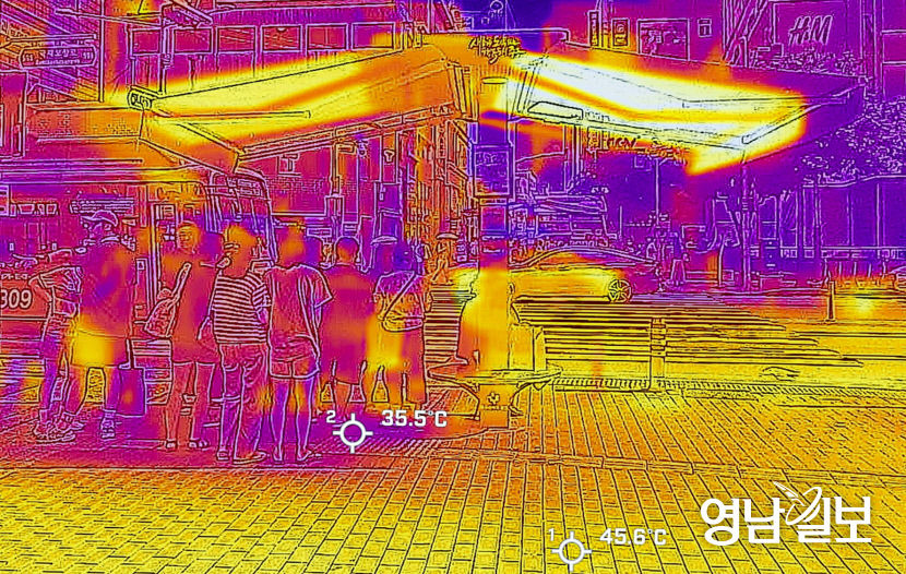 [포토뉴스] 열화상 카메라가 포착한 대구 33.9℃ 속 그늘막 효과