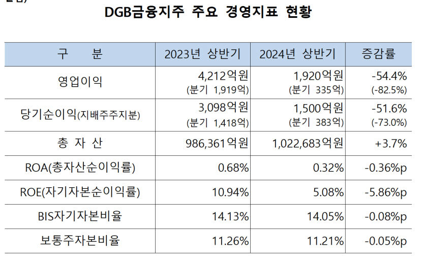 DGB금융 올 상반기 영업이익 1천900억원대…전년 동기 대비 절반으로