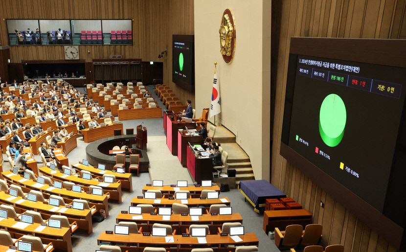 2일 오후 국회 본회의에서 '전국민 25만원 지원법'(민생회복지원금 특별조치법)이 야당 단독으로 통과되고 있다. 연합뉴스