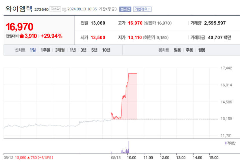 와이엠텍, 상한가로 치솟아…EV 릴레이 부각