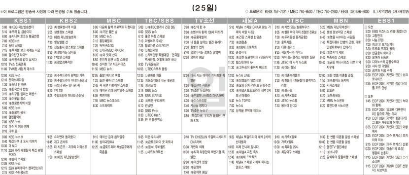 8월25일(일) TV 편성표