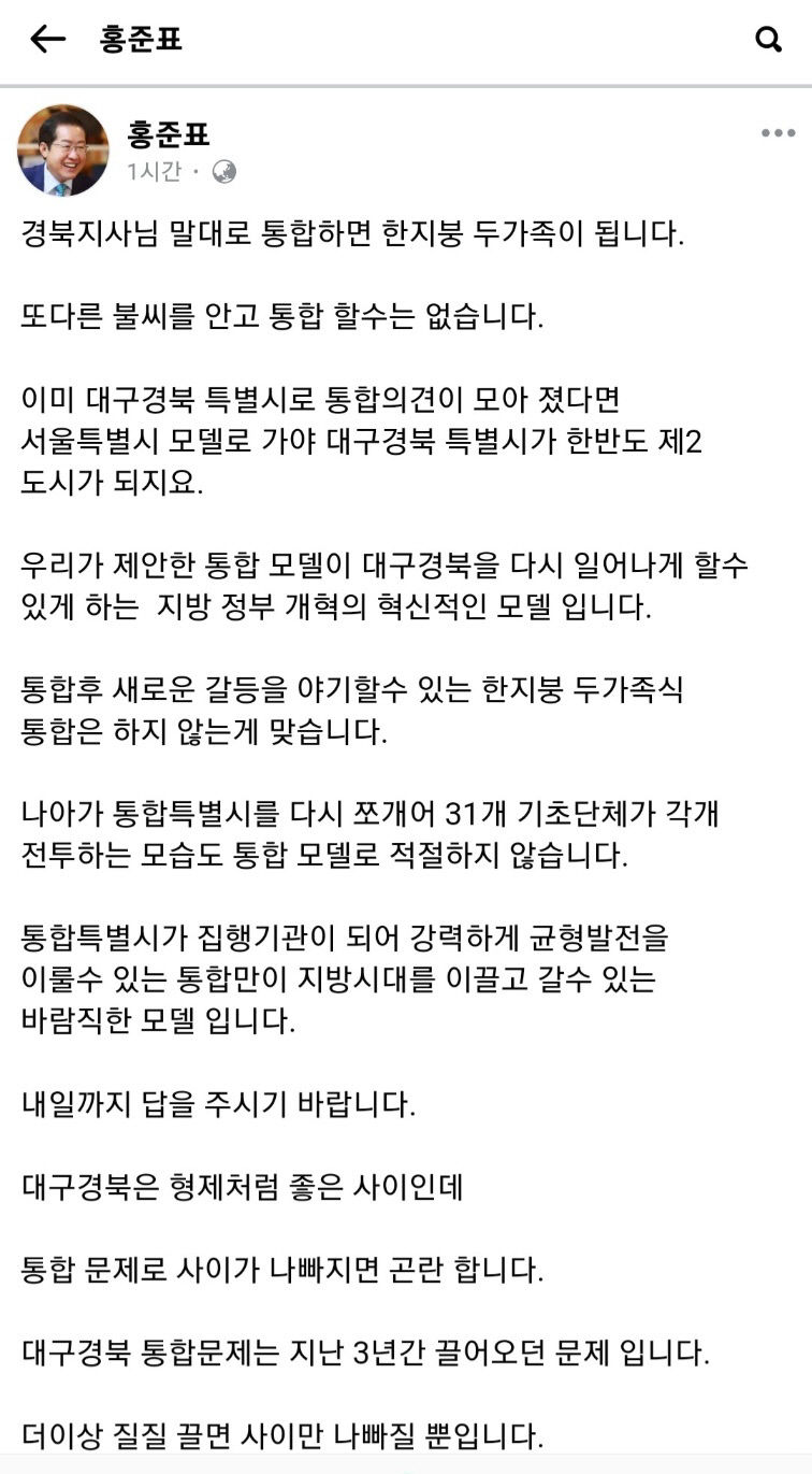 [속보] 홍준표 대구시장 경북도 통합방식은 한 지붕 두 가족 되는 것