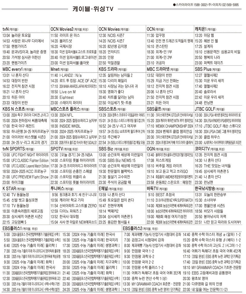 12월2일(월) 케이블·위성TV 편성표