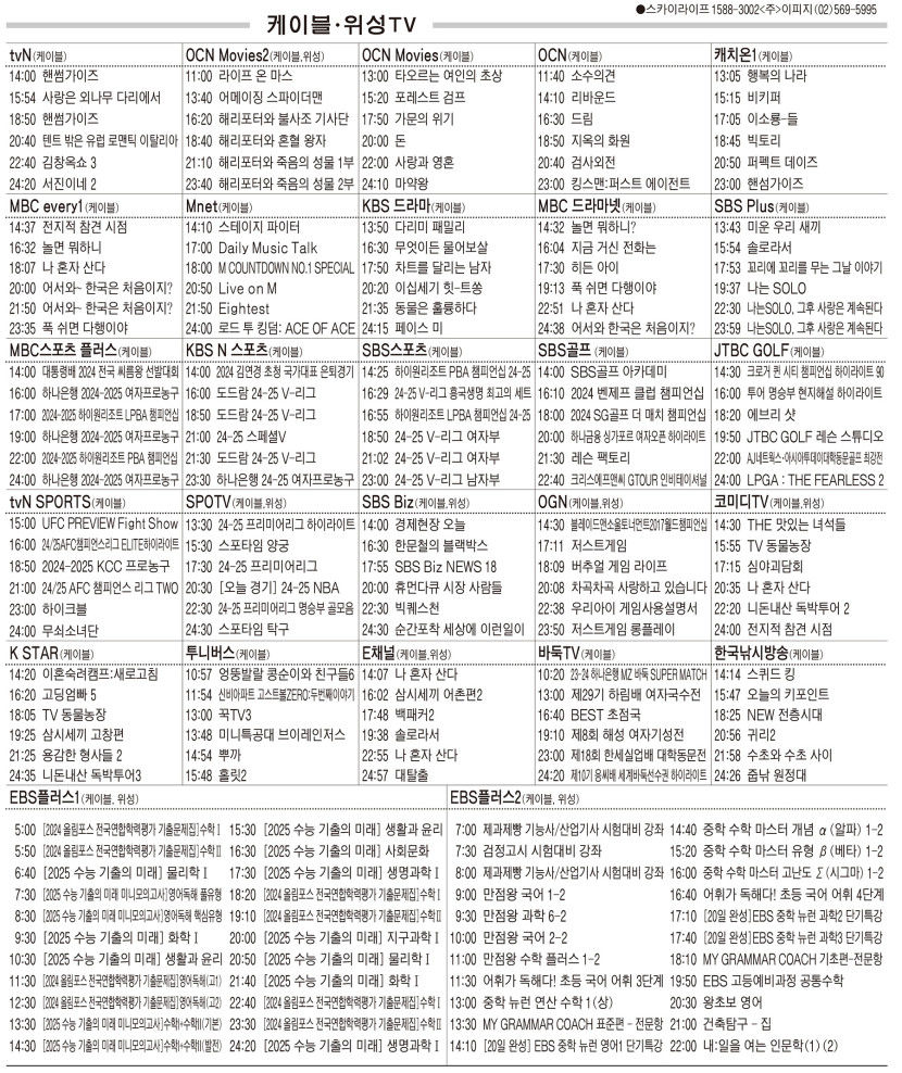 12월5일(목) 케이블·위성TV 편성표