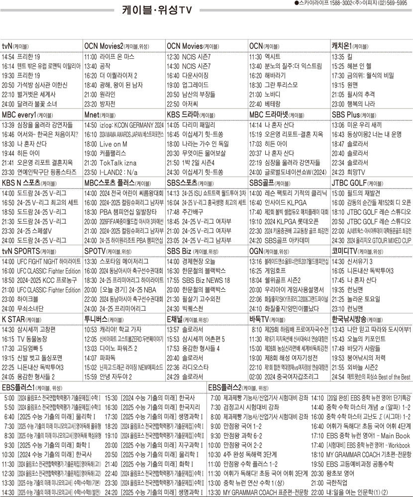 12월10일(화) 케이블·위성TV 편성표