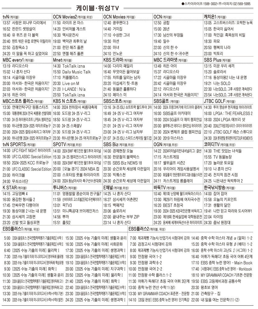 12월12일(목) 케이블·위성TV 편성표