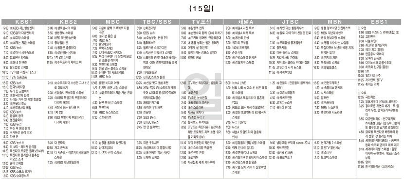 12월15일(일) TV 편성표