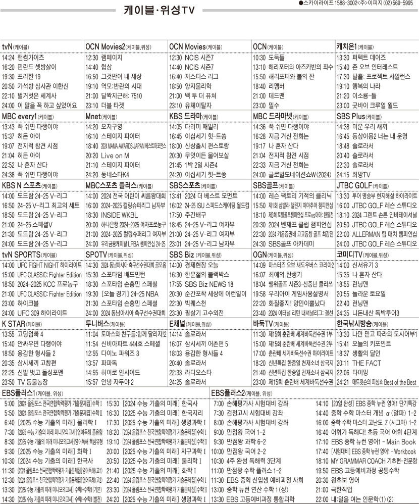 12월17일(화) 케이블·위성TV 편성표