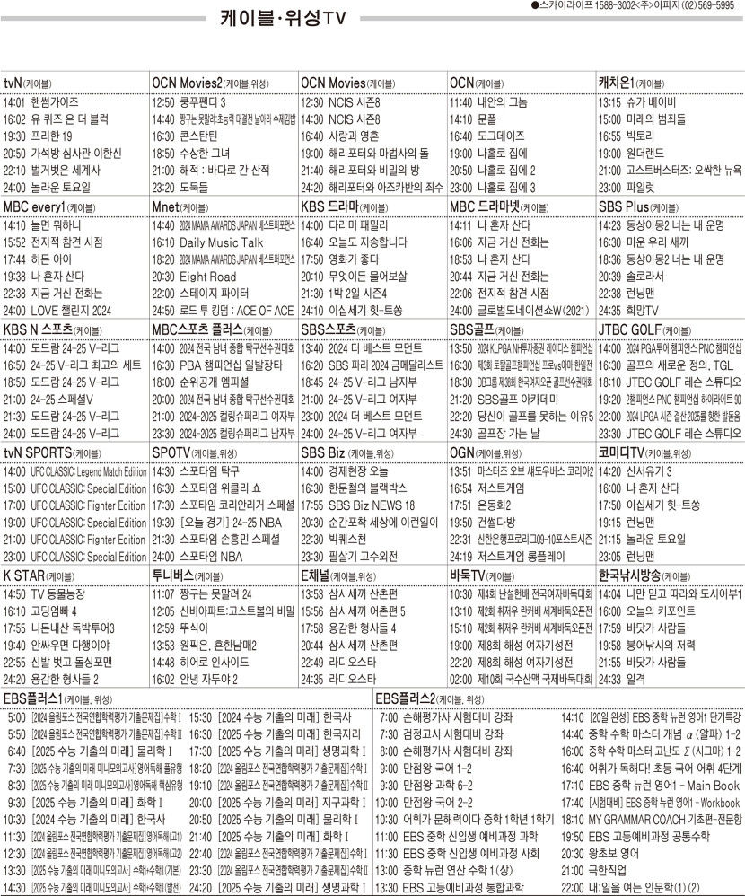 12월24일(화) 케이블·위성TV 편성표