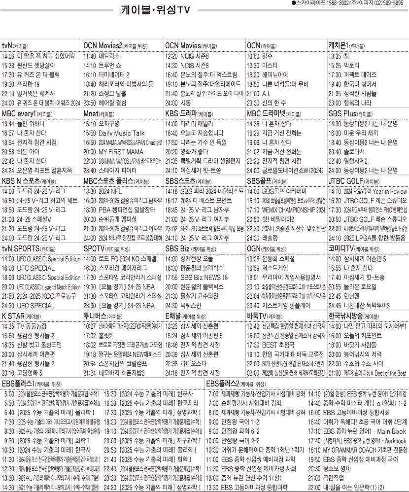 12월31일(화) 케이블·위성TV 편성표
