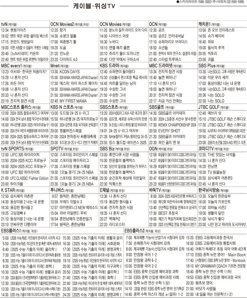 1월1일(수) 케이블·위성TV 편성표