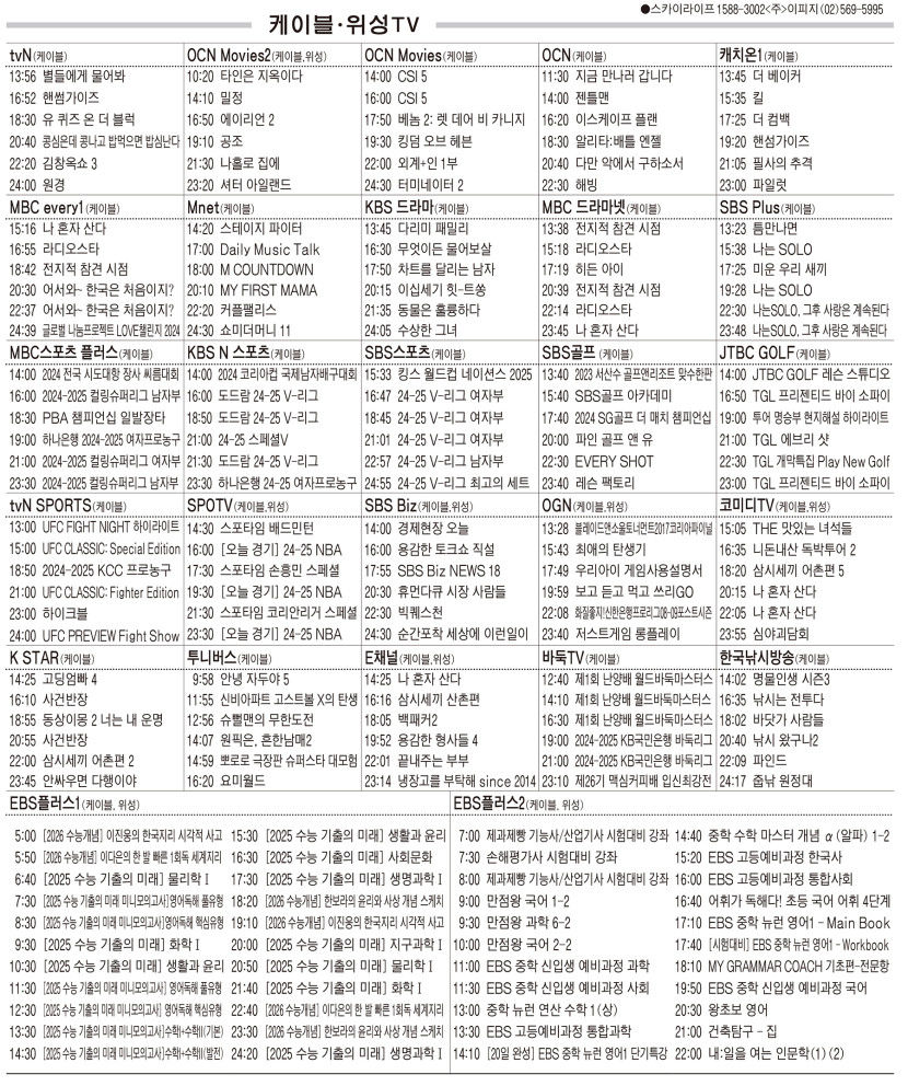 1월9일(목) 케이블·위성TV 편성표