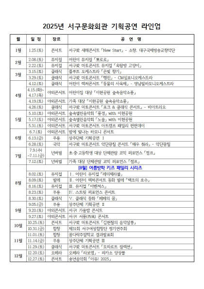 [2025 대구 전시&공연 라인업 .3] 서구문화회관·비원뮤직홀, 서구로 매주 찾아가는 릴레이 문화예술의 향연