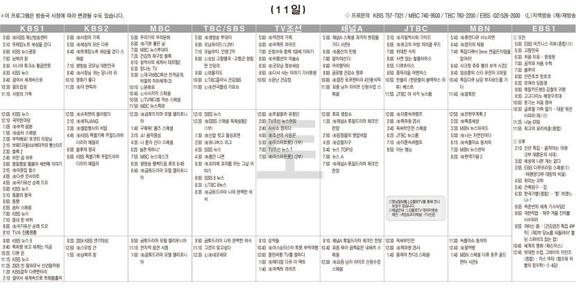 1월11일(토) TV 편성표
