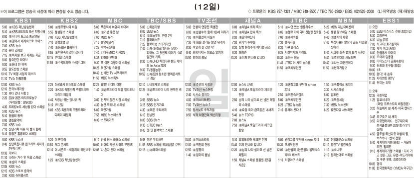 1월12일(일) TV 편성표