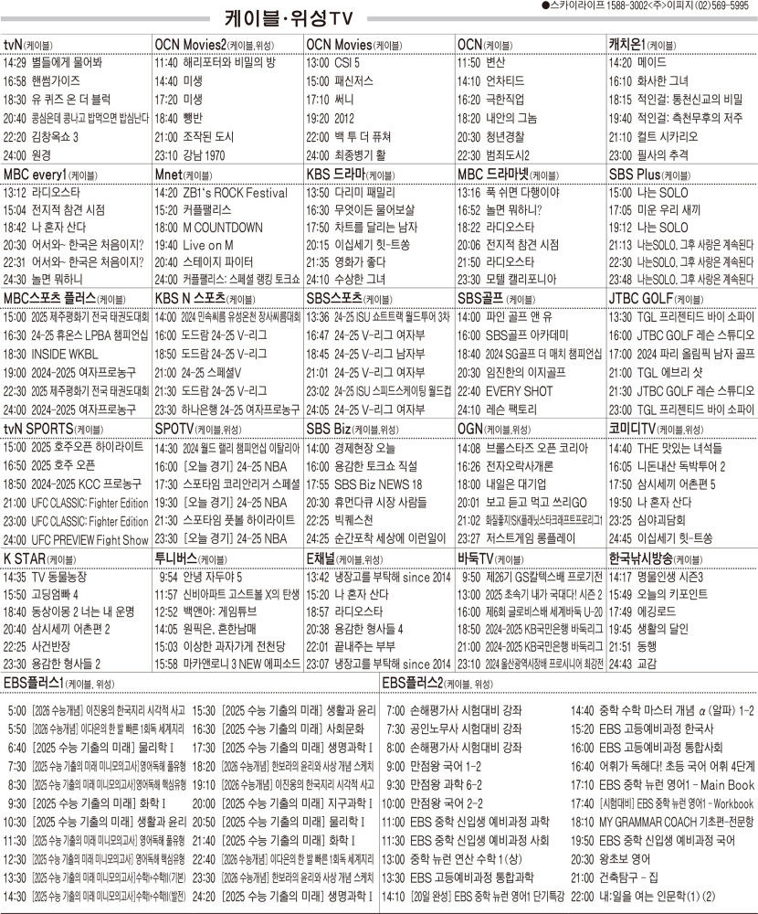 1월16일(목) 케이블·위성TV 편성표