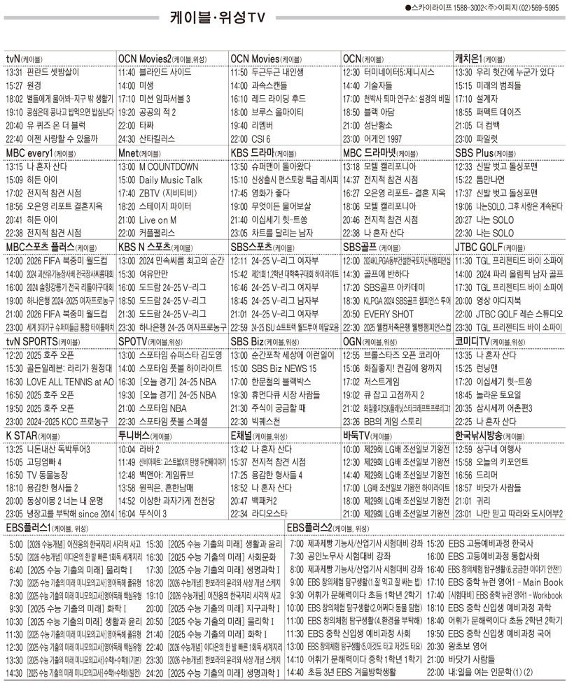1월22일(수) 케이블·위성TV 편성표