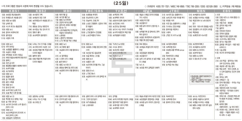 1월25일(토) TV 편성표