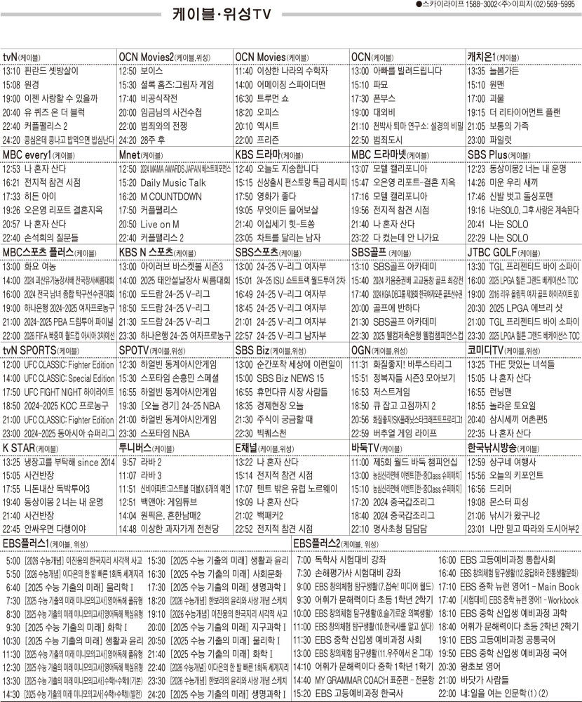 2월5일(수) 케이블·위성TV 편성표