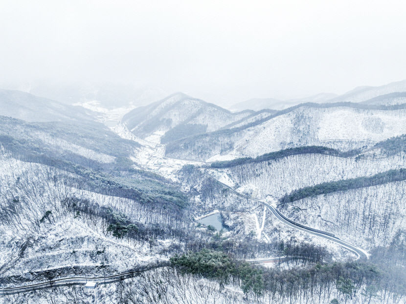 [포토뉴스] 봄을 시샘한 춘설, 경산 잉어재를 덮다