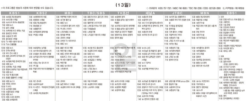 4월13일(일) TV 편성표
