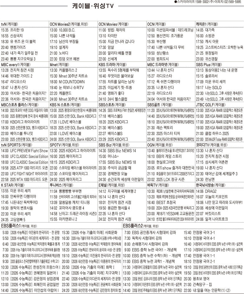 5월1일(목) 케이블·위성TV 편성표