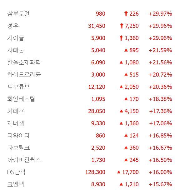 삼부토건·성우·자이글 상한가, 하이드로리튬·토모큐브·화인베스틸·카페24·제너셈 등 큰 폭 상승 마감