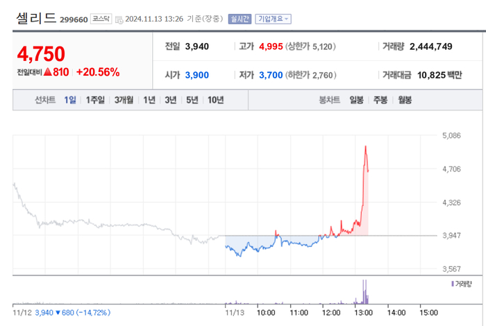 셀리드, 오후들어 갑자기 20%대 급등…왜?