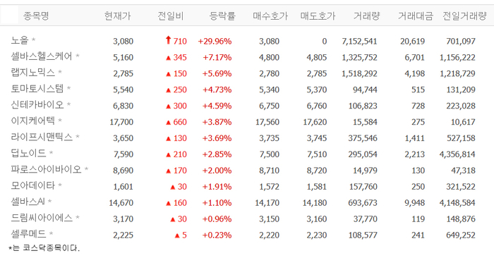 노을, 장 초반 상한가…셀바스헬스케어·랩지노믹스·토마토시스템 등 AI株 강세