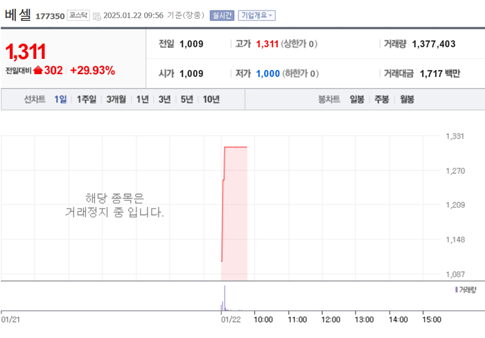 베셀, 거래재개 첫날 상한가…52주 최고가 경신