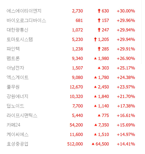 에스에이티이엔지·바이오로그디바이스·파인텍 등 5종목 상한가, 아남전자·풀무원·강원에너지·효성중공업 등 큰 폭 상승 마감